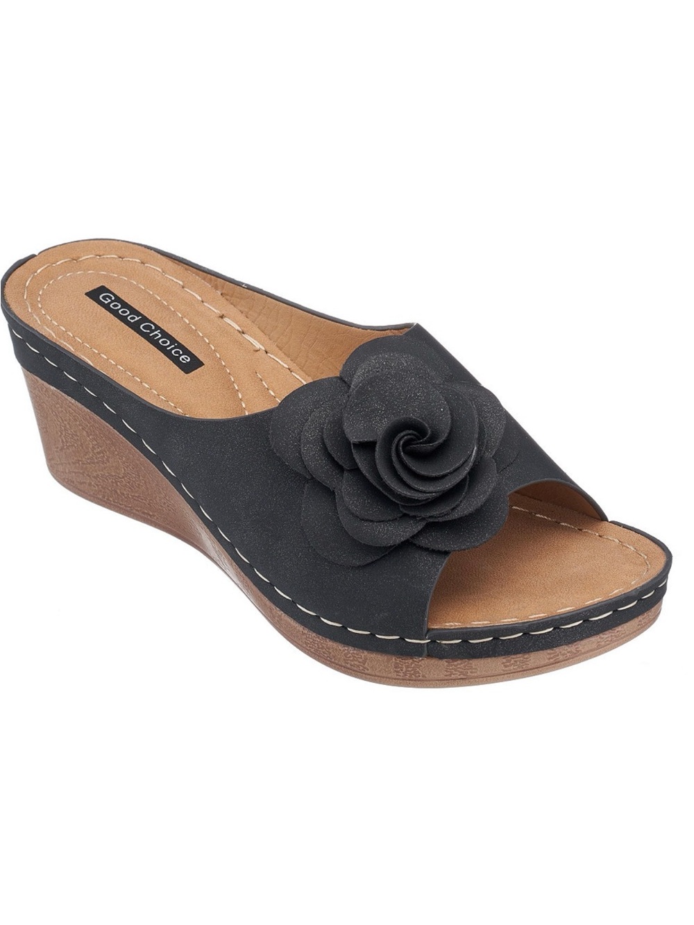 New Good Choice New York Black Wedge Slide with Floral Rosette sz 7.5